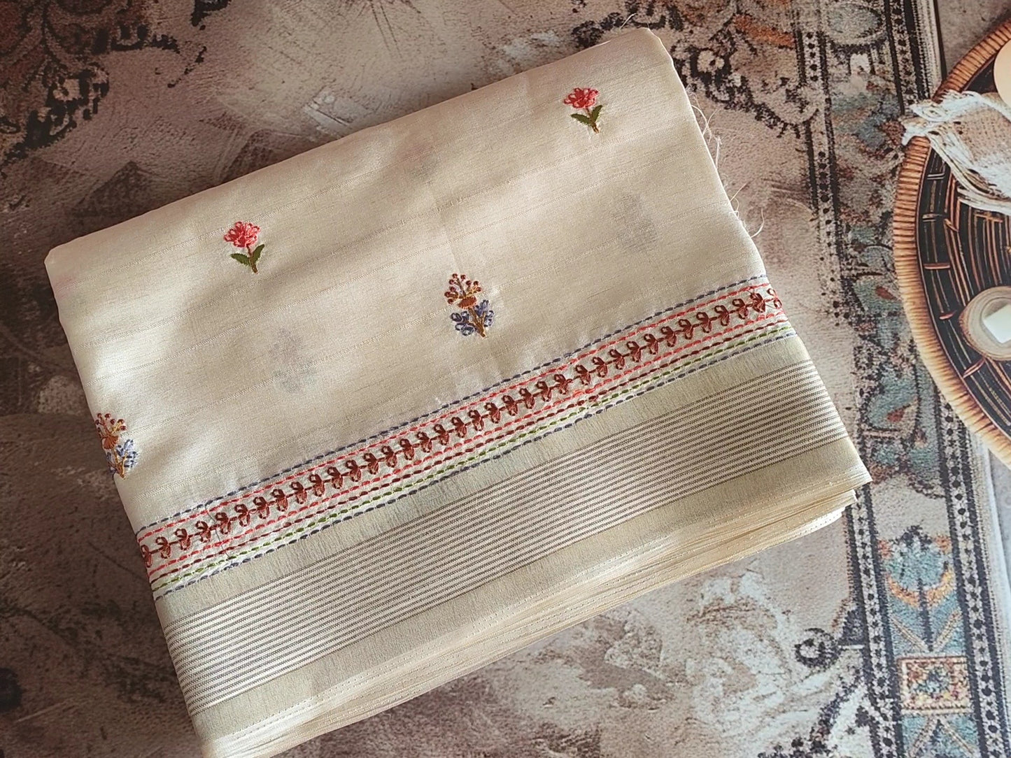 Cream embroidered semi silk saree