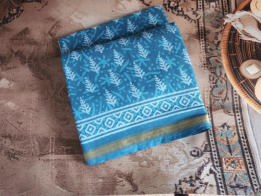 Mulmul cotton sarees - floral designs - Blue