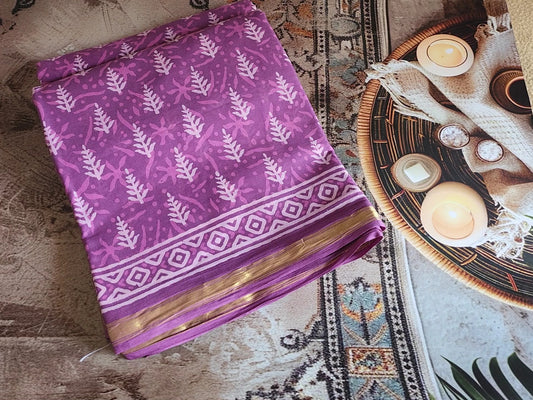 Mulmul cotton sarees - floral designs - Purple