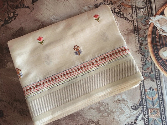 Cream embroidered semi silk saree